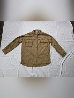 ELAN Womens Oversized Rock and Roll Fringe Off Khaki Shirt Jacket